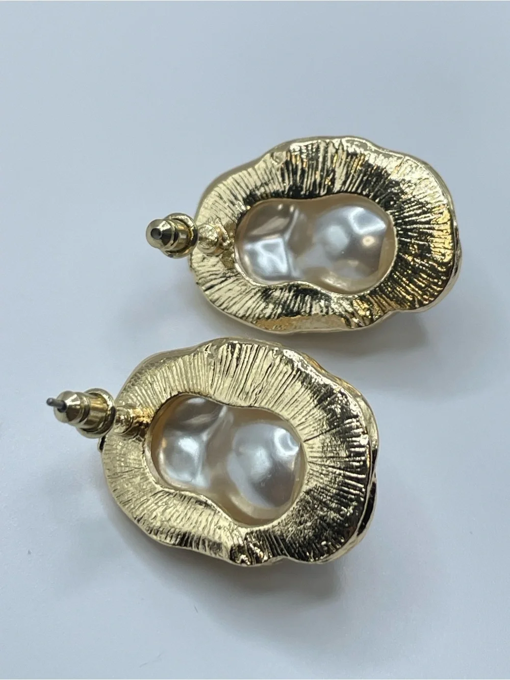 Gold Faux Baroque Pearl Stud Earrings Coastal Chic Statement Bold